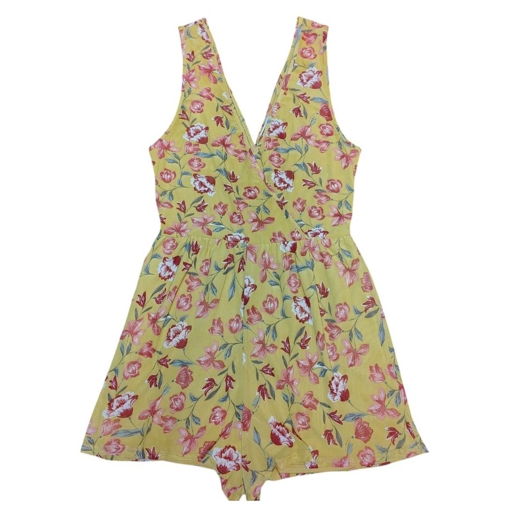 Yellow Floral Romper Womens Small Pink Stretchy Boho Cottagecore Summer Vacation